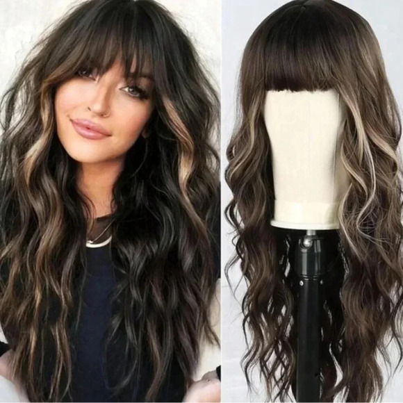 26 Inch Long Brown Wavy Wig with Light Blonde highlights - Picture 1 of 8